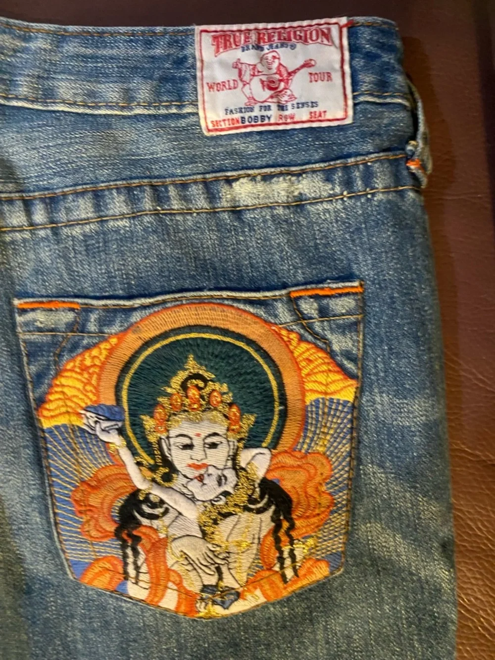 True Religion Blue Denim Jeans with Red Logo Patch - Picture 3 of 6
